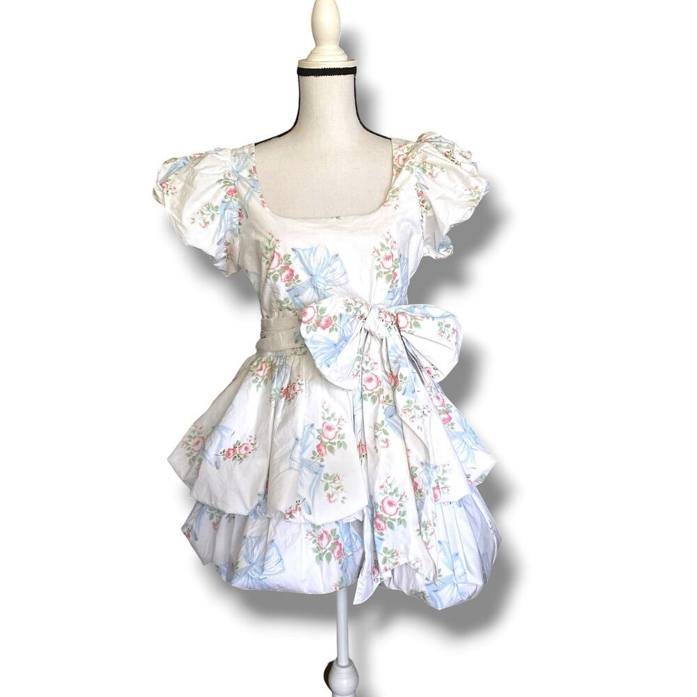 LoveShackFancy Esmina Mini Dress Rose Beau Print Sz 8 Bubble Hem Puff Sleeves